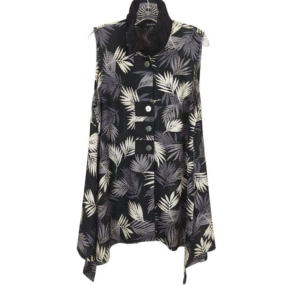 Damee sleeveless button front tropical leaf black gray asymmetrical Tunic M‎ - Picture 2 of 15